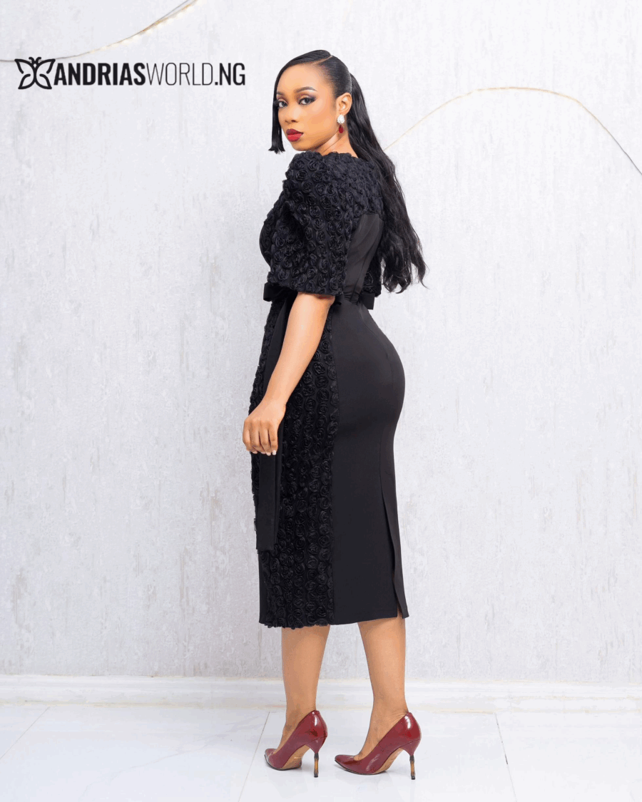 BLACK PUFFY SLEEVES PETAL DRESS